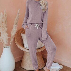 Women's Solid Mauve 2 Pc Long Sleeve Pullover and Drawstring Sweatpants-Small